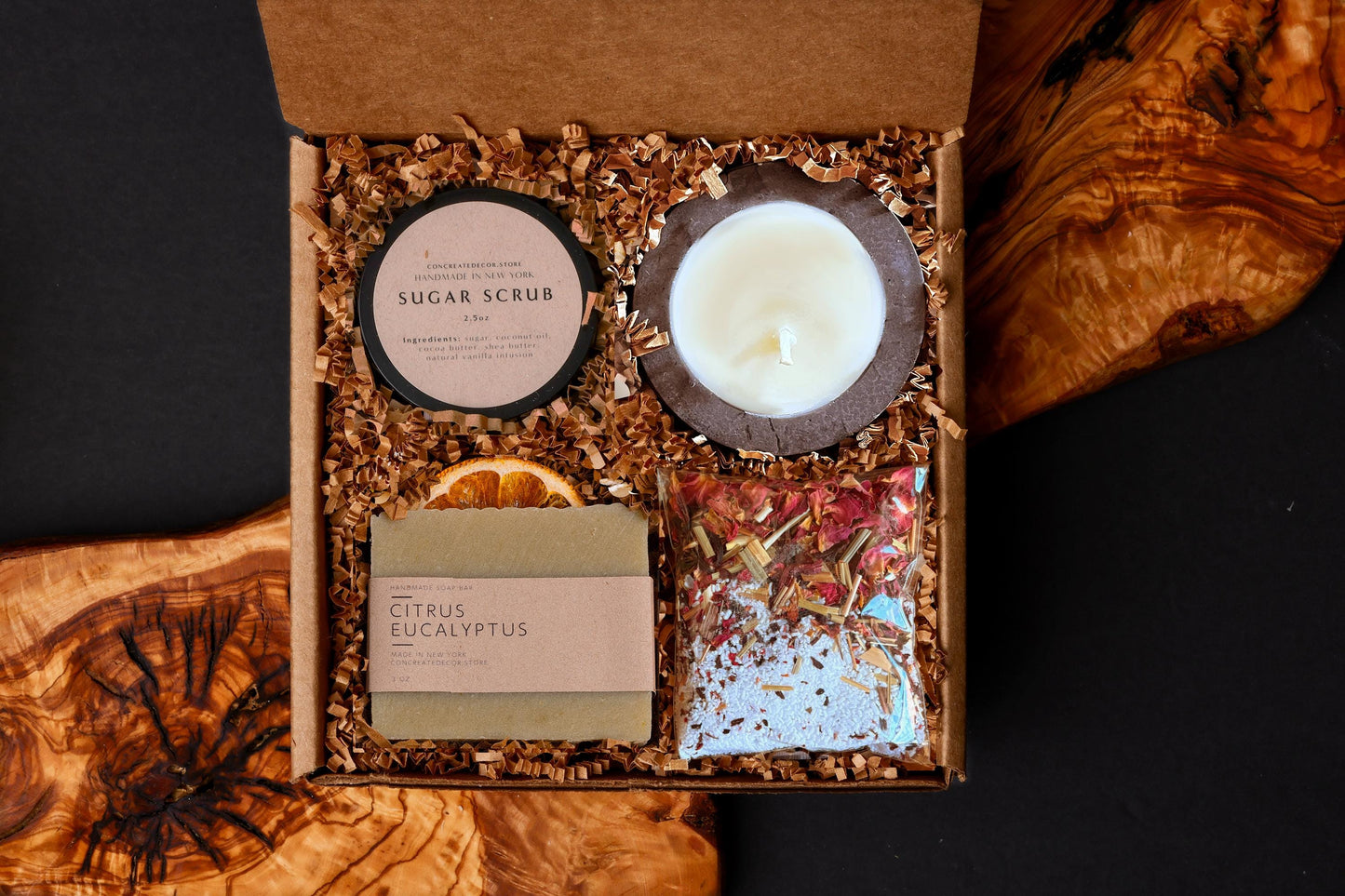 Handcrafted Spa Gift Box: Soy Candle, Soap, & Body Scrub