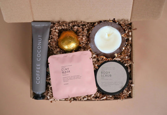 Handcrafted Birthday Gift Box: Soy Candle, Spa Set - Coffee Coconut Scent