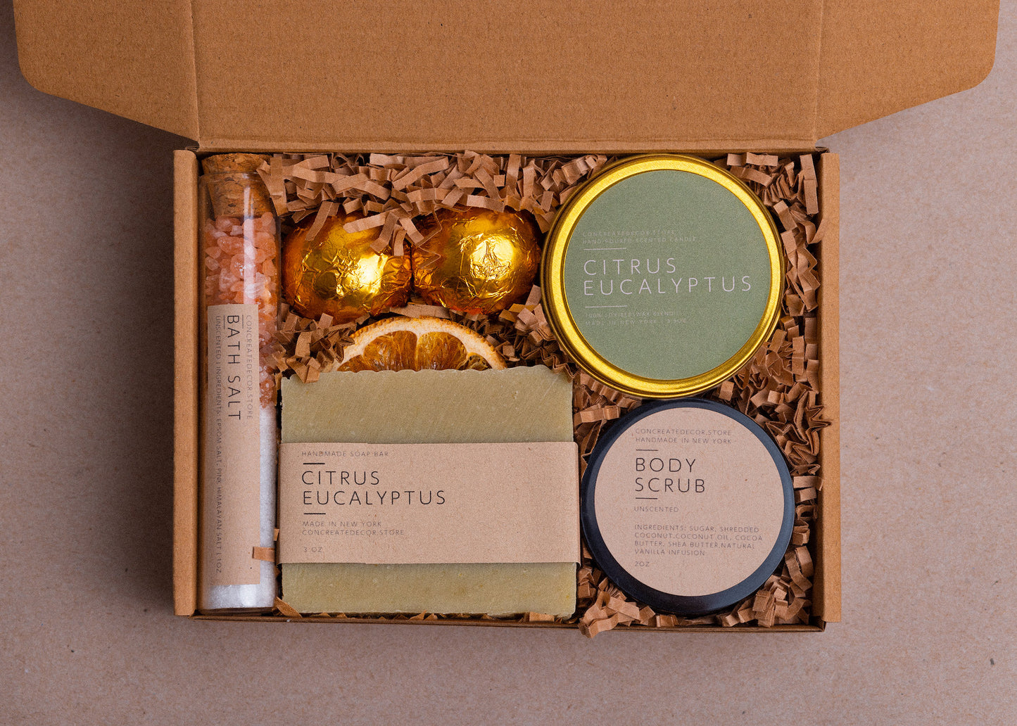 Citrus Eucalyptus Spa Gift Box: Soy Candle, Soap & Body Scrub
