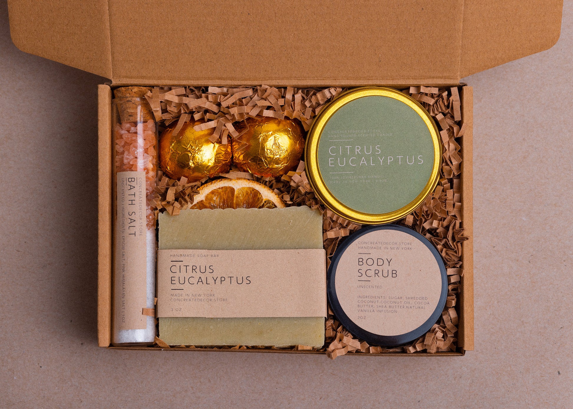 Citrus Eucalyptus Spa Gift Box: Soy Candle, Soap & Body Scrub