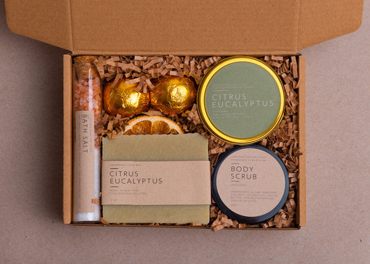 Citrus Eucalyptus Spa Gift Box: Soy Candle, Soap & Body Scrub