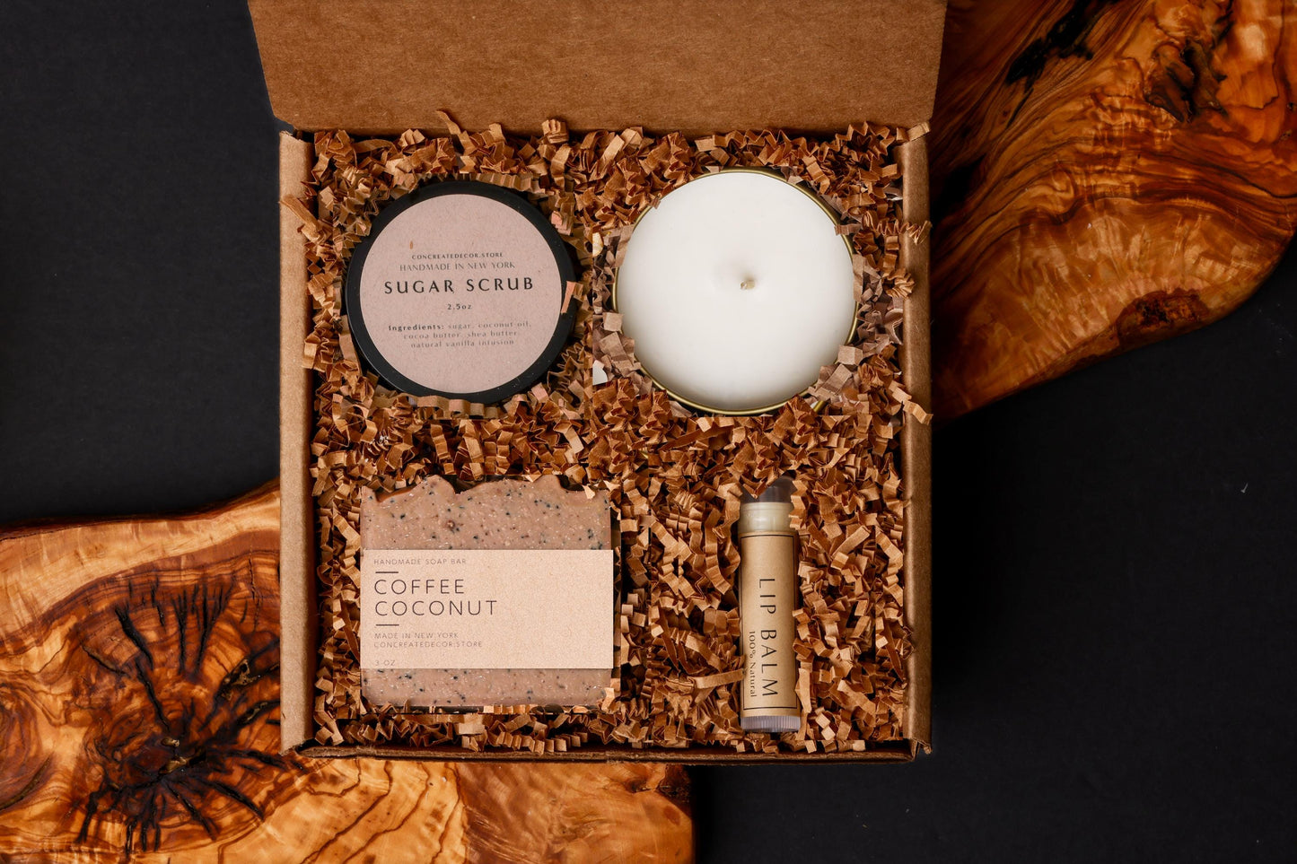 Handcrafted Spa Gift Box: Soy Candle, Soap, Scrub & Lip Balm