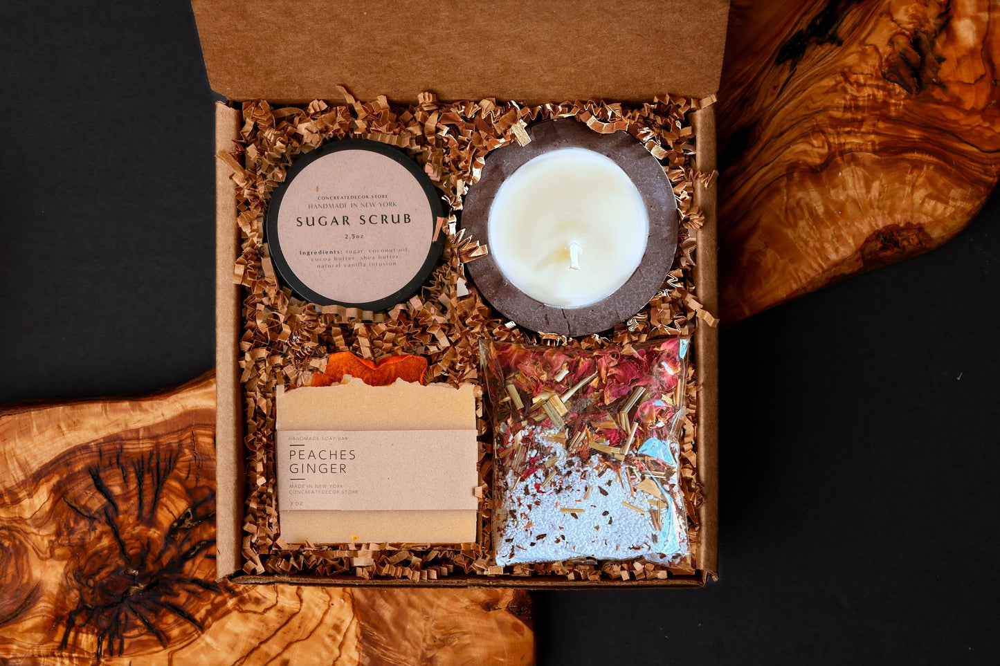 Handcrafted Spa Gift Box: Soy Candle, Soap, & Body Scrub