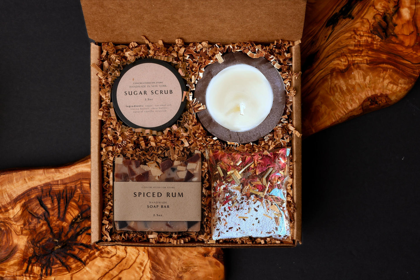 Handcrafted Spa Gift Box: Soy Candle, Soap, & Body Scrub