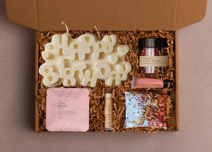 Handcrafted Birthday Gift Box: Soy Candle, Spa Set, & Card