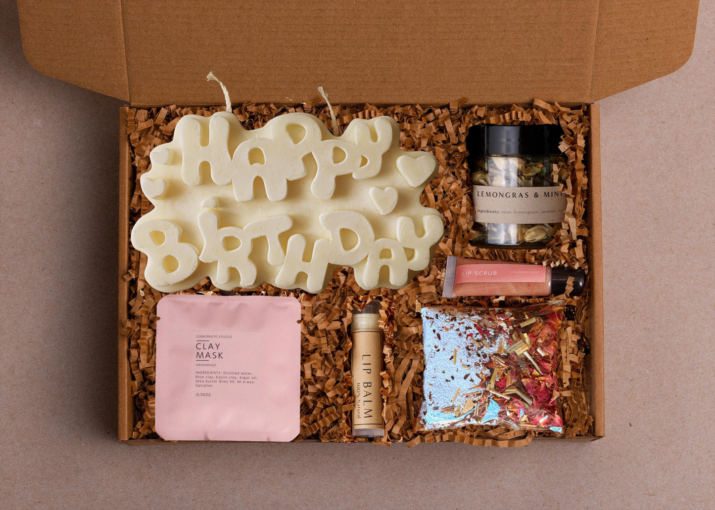 Handcrafted Birthday Gift Box: Soy Candle, Spa Set, & Card