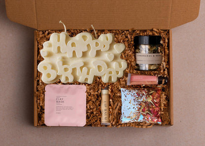 Handcrafted Birthday Gift Box: Soy Candle, Spa Set, & Card