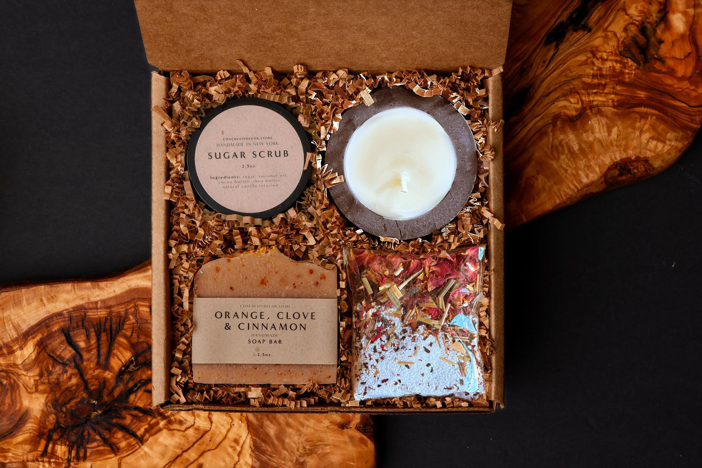Handcrafted Spa Gift Box: Soy Candle, Soap, & Body Scrub