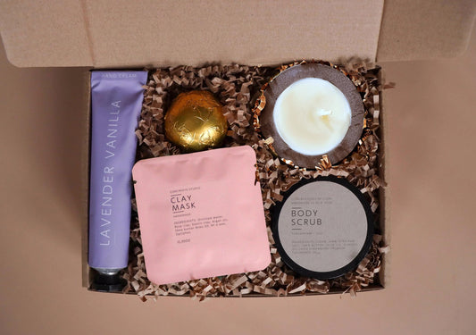 Handcrafted Birthday Gift Box: Soy Candle, Spa Set - Coffee Coconut Scent