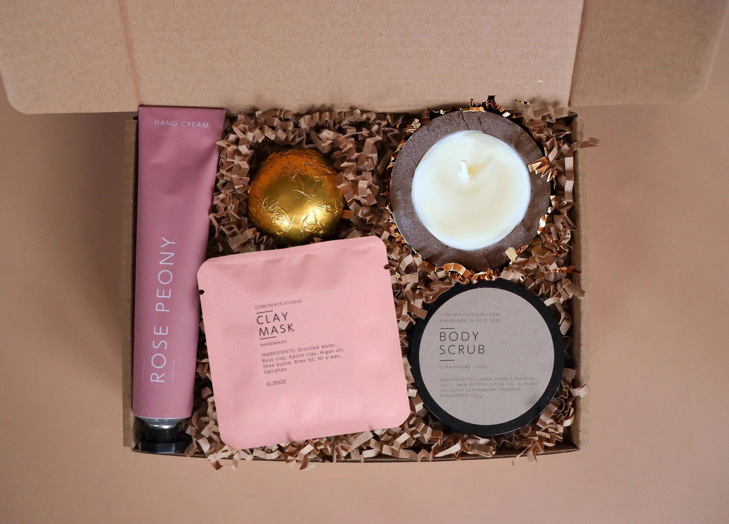 Handcrafted Birthday Gift Box: Soy Candle, Spa Set - Coffee Coconut Scent