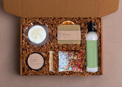 Handcrafted Self Care Gift Box: Soy Candle, Soap, & Bath Soak
