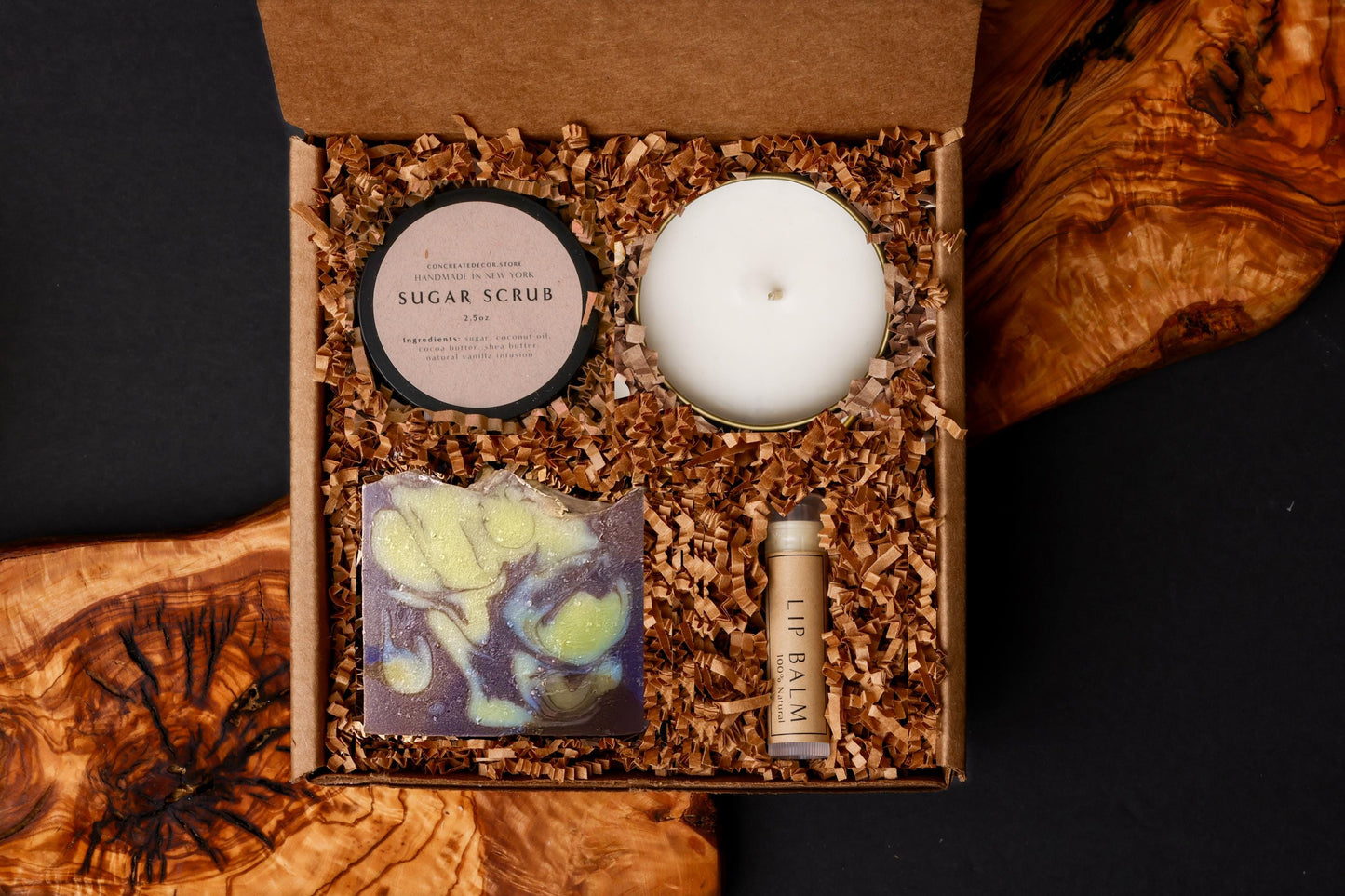 Handcrafted Spa Gift Box, Soy Candle, Soap, Body Scrub, Lip Balm