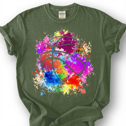 Rainbow Splatter Basketball Shirt, Colorful Paint Splash T-Shirt, Vibrant Basketball Art Tee, Artistic Basketball Player Gift, Tie Dye Hoops