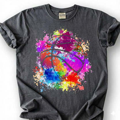 Rainbow Splatter Basketball Shirt, Colorful Paint Splash T-Shirt, Vibrant Basketball Art Tee, Artistic Basketball Player Gift, Tie Dye Hoops