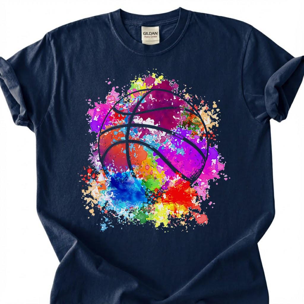 Rainbow Splatter Basketball Shirt, Colorful Paint Splash T-Shirt, Vibrant Basketball Art Tee, Artistic Basketball Player Gift, Tie Dye Hoops