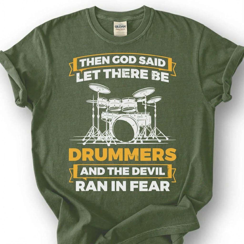 Christian Drummer God Created Devil Ran Fear Shirt, Drum Kit Silhouette Faith Tee, Worship Band Musician Gift T-Shirt, Religious Humor Top