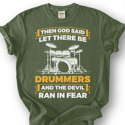 Christian Drummer God Created Devil Ran Fear Shirt, Drum Kit Silhouette Faith Tee, Worship Band Musician Gift T-Shirt, Religious Humor Top