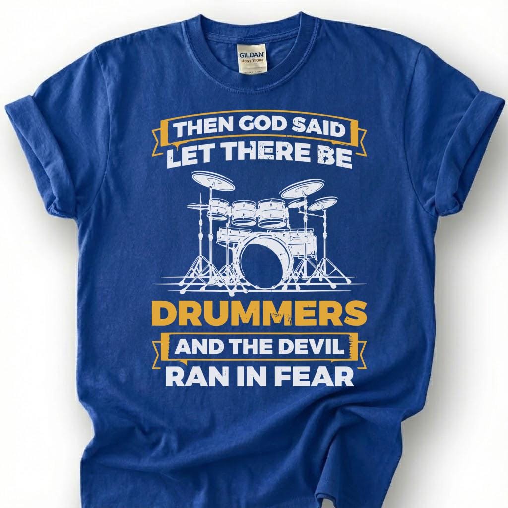 Christian Drummer God Created Devil Ran Fear Shirt, Drum Kit Silhouette Faith Tee, Worship Band Musician Gift T-Shirt, Religious Humor Top