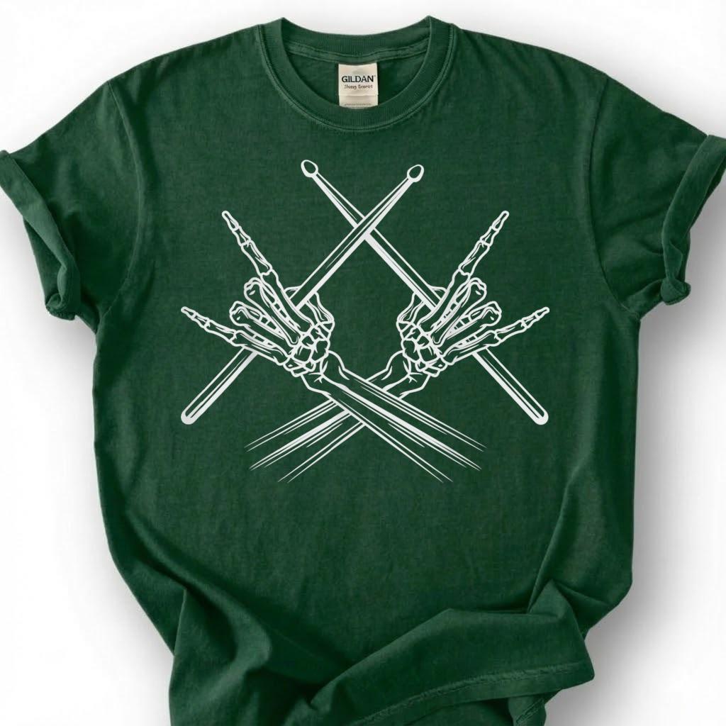 Skeleton Hands Drumsticks Rock Sign Shirt, Skull Drummer Percussion Metal Tee, Gothic Music Lover Gift T-Shirt, Heavy Rock Band Musician Top
