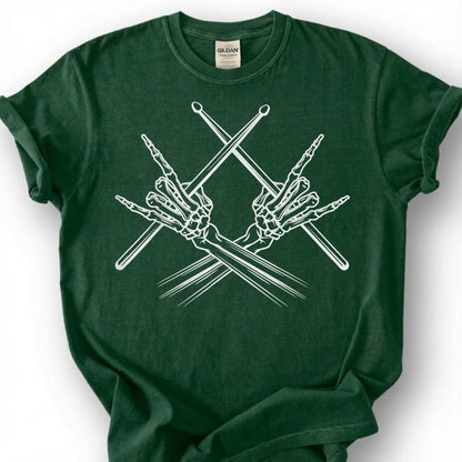 Skeleton Hands Drumsticks Rock Sign Shirt, Skull Drummer Percussion Metal Tee, Gothic Music Lover Gift T-Shirt, Heavy Rock Band Musician Top