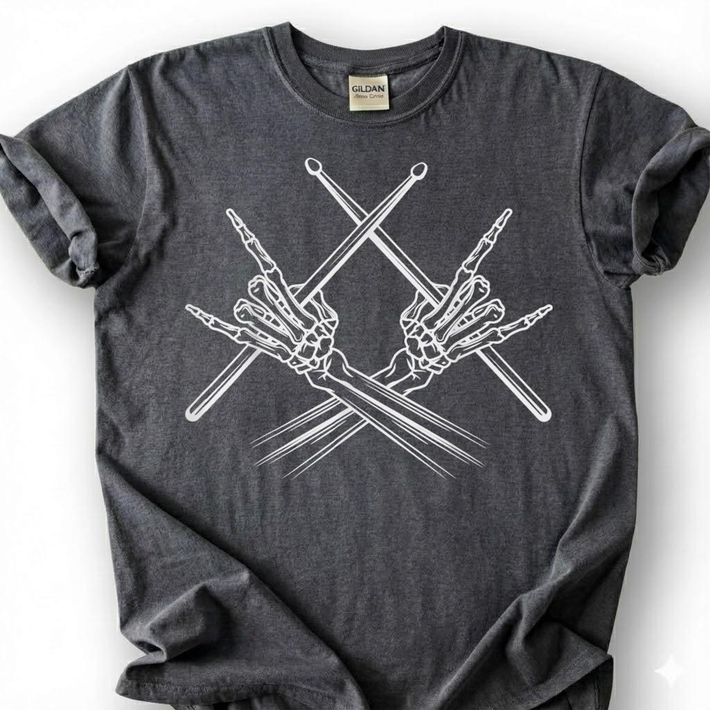 Skeleton Hands Drumsticks Rock Sign Shirt, Skull Drummer Percussion Metal Tee, Gothic Music Lover Gift T-Shirt, Heavy Rock Band Musician Top