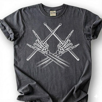 Skeleton Hands Drumsticks Rock Sign Shirt, Skull Drummer Percussion Metal Tee, Gothic Music Lover Gift T-Shirt, Heavy Rock Band Musician Top