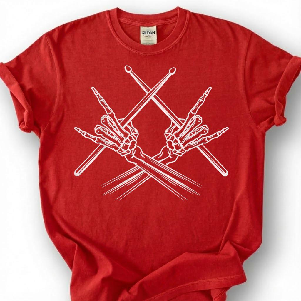 Skeleton Hands Drumsticks Rock Sign Shirt, Skull Drummer Percussion Metal Tee, Gothic Music Lover Gift T-Shirt, Heavy Rock Band Musician Top