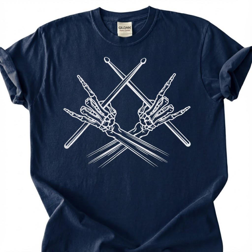 Skeleton Hands Drumsticks Rock Sign Shirt, Skull Drummer Percussion Metal Tee, Gothic Music Lover Gift T-Shirt, Heavy Rock Band Musician Top