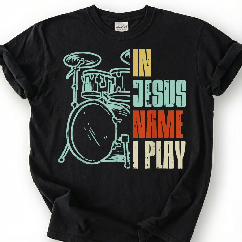 Christian Drummer Play For Jesus Retro Drum Kit Shirt, Worship Band Musician Faith Tee, Church Percussion Lover Gift T-Shirt, Religious Top