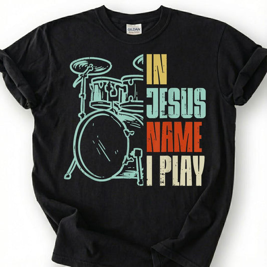 Christian Drummer Play For Jesus Retro Drum Kit Shirt, Worship Band Musician Faith Tee, Church Percussion Lover Gift T-Shirt, Religious Top