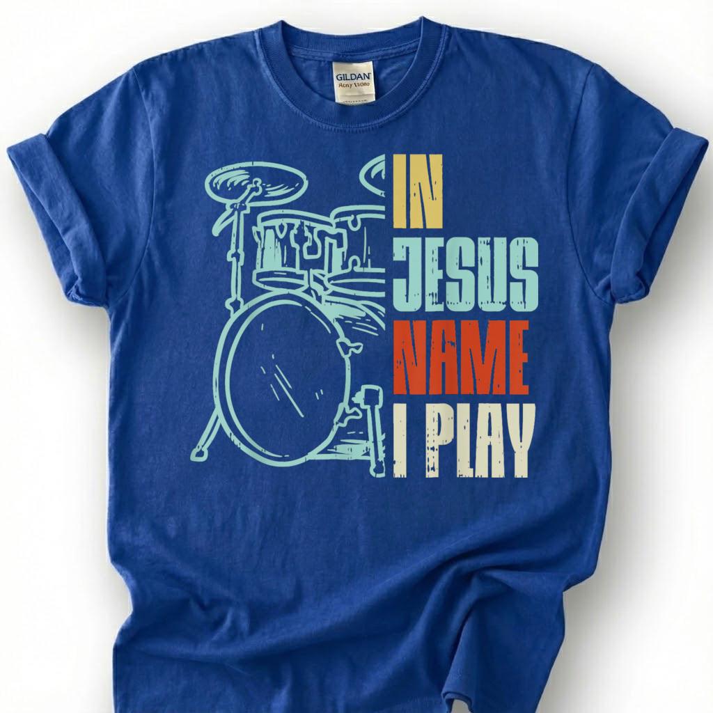 Christian Drummer Play For Jesus Retro Drum Kit Shirt, Worship Band Musician Faith Tee, Church Percussion Lover Gift T-Shirt, Religious Top