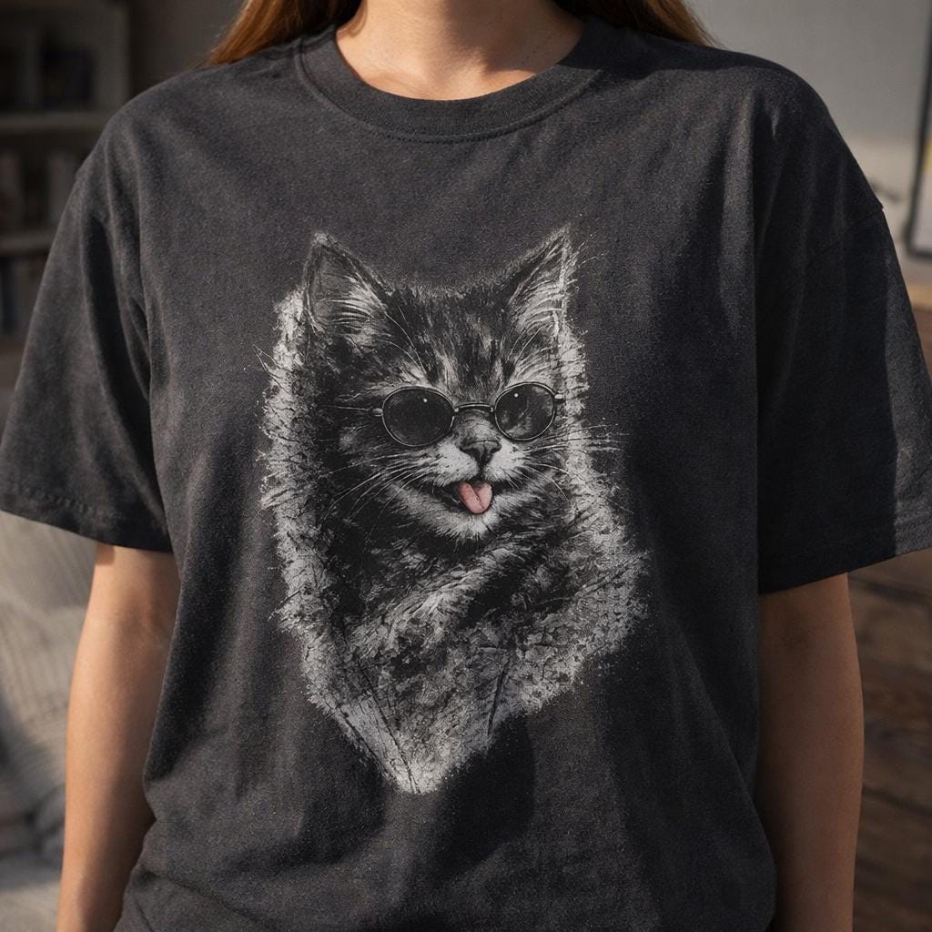 Funny Cat Meme Shirt, Cool Sunglasses Cat Graphic Tee, Black Charcoal Sketch Cat Meme T Shirt, Humorous Pet Lover Unisex Tee