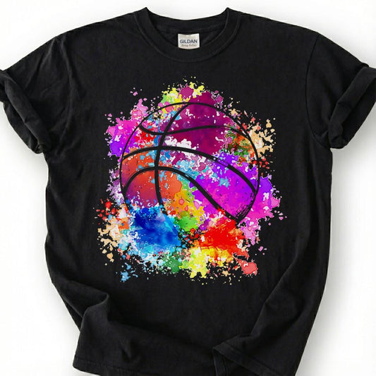 Rainbow Splatter Basketball Shirt, Colorful Paint Splash T-Shirt, Vibrant Basketball Art Tee, Artistic Basketball Player Gift, Tie Dye Hoops