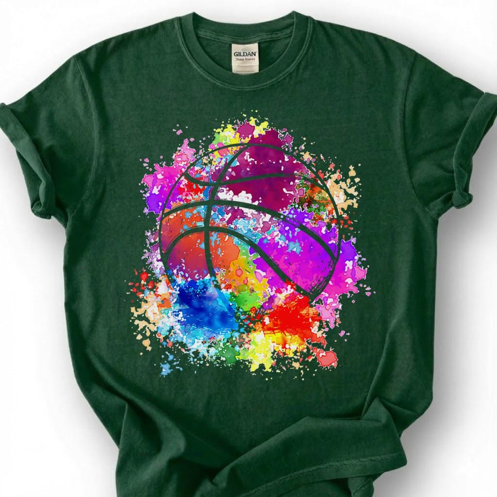 Rainbow Splatter Basketball Shirt, Colorful Paint Splash T-Shirt, Vibrant Basketball Art Tee, Artistic Basketball Player Gift, Tie Dye Hoops