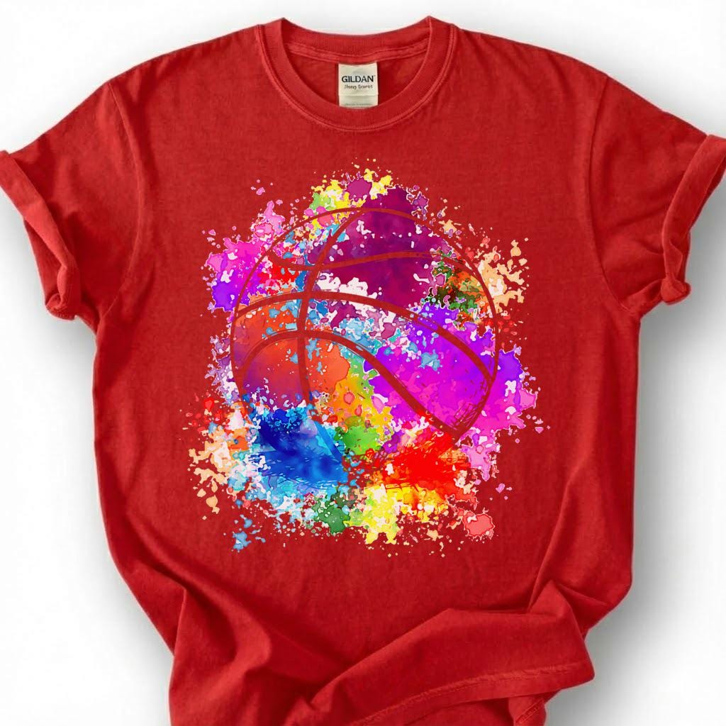 Rainbow Splatter Basketball Shirt, Colorful Paint Splash T-Shirt, Vibrant Basketball Art Tee, Artistic Basketball Player Gift, Tie Dye Hoops