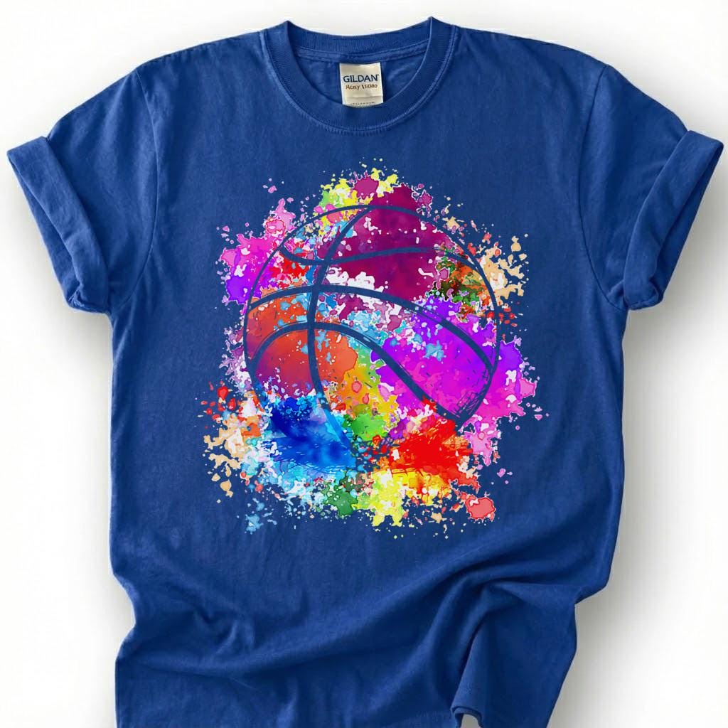 Rainbow Splatter Basketball Shirt, Colorful Paint Splash T-Shirt, Vibrant Basketball Art Tee, Artistic Basketball Player Gift, Tie Dye Hoops