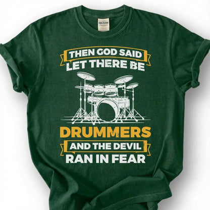 Christian Drummer God Created Devil Ran Fear Shirt, Drum Kit Silhouette Faith Tee, Worship Band Musician Gift T-Shirt, Religious Humor Top