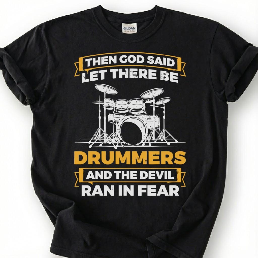 Christian Drummer God Created Devil Ran Fear Shirt, Drum Kit Silhouette Faith Tee, Worship Band Musician Gift T-Shirt, Religious Humor Top