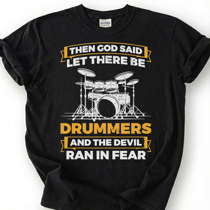 Christian Drummer God Created Devil Ran Fear Shirt, Drum Kit Silhouette Faith Tee, Worship Band Musician Gift T-Shirt, Religious Humor Top