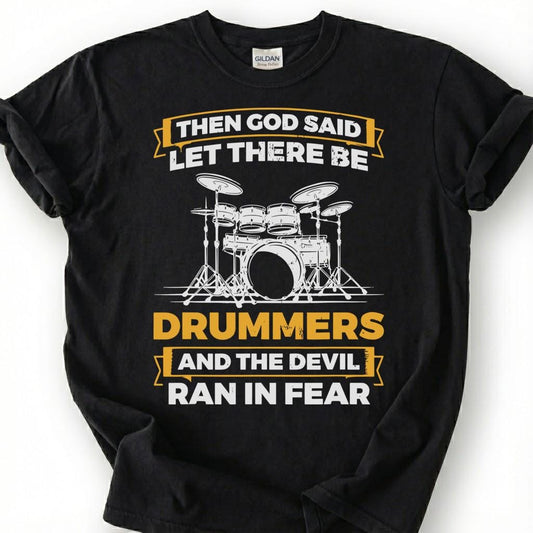 Christian Drummer God Created Devil Ran Fear Shirt, Drum Kit Silhouette Faith Tee, Worship Band Musician Gift T-Shirt, Religious Humor Top