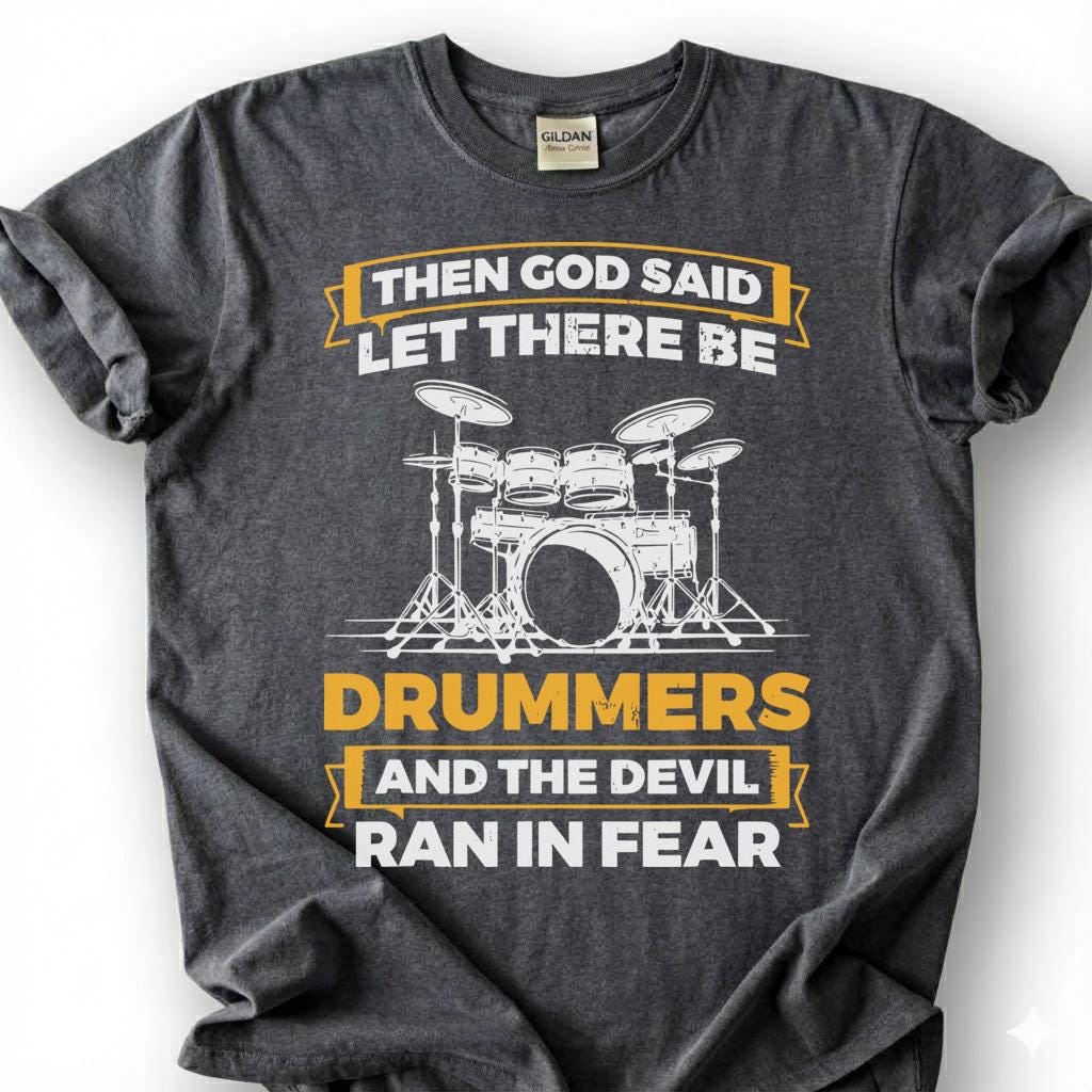 Christian Drummer God Created Devil Ran Fear Shirt, Drum Kit Silhouette Faith Tee, Worship Band Musician Gift T-Shirt, Religious Humor Top