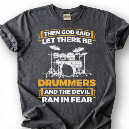 Christian Drummer God Created Devil Ran Fear Shirt, Drum Kit Silhouette Faith Tee, Worship Band Musician Gift T-Shirt, Religious Humor Top