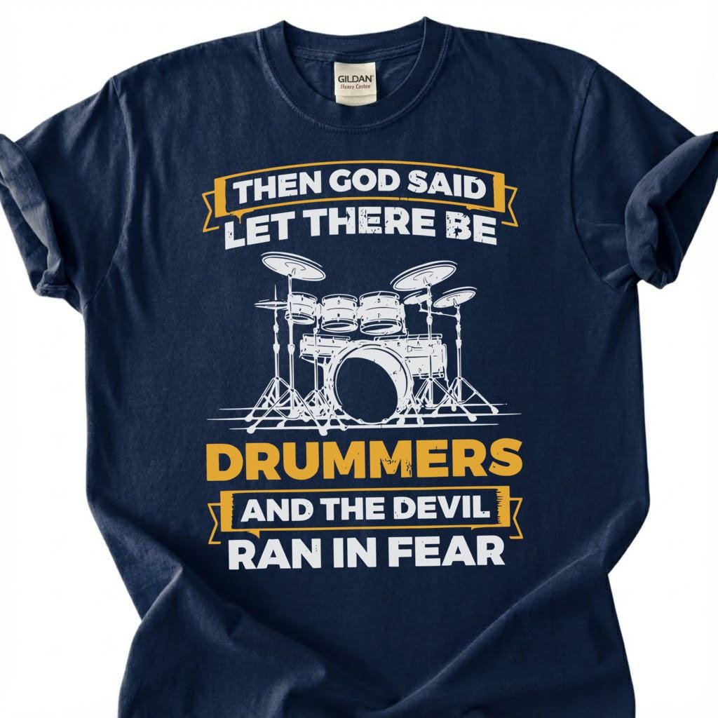 Christian Drummer God Created Devil Ran Fear Shirt, Drum Kit Silhouette Faith Tee, Worship Band Musician Gift T-Shirt, Religious Humor Top