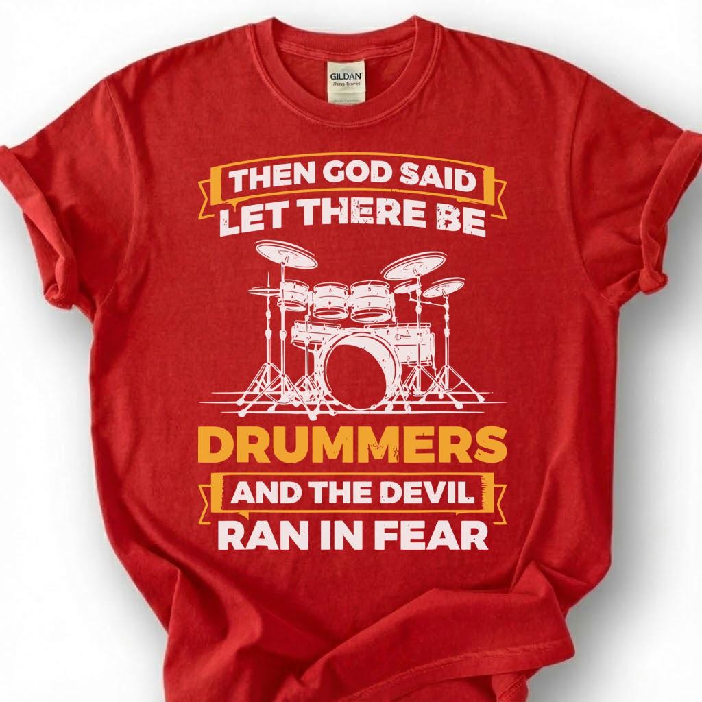 Christian Drummer God Created Devil Ran Fear Shirt, Drum Kit Silhouette Faith Tee, Worship Band Musician Gift T-Shirt, Religious Humor Top