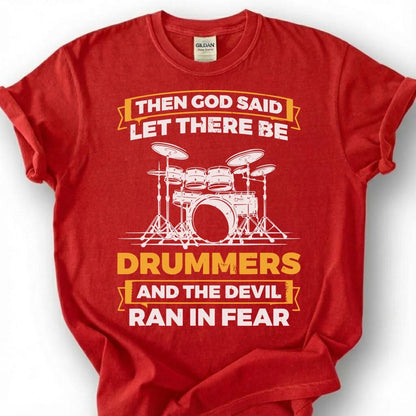 Christian Drummer God Created Devil Ran Fear Shirt, Drum Kit Silhouette Faith Tee, Worship Band Musician Gift T-Shirt, Religious Humor Top