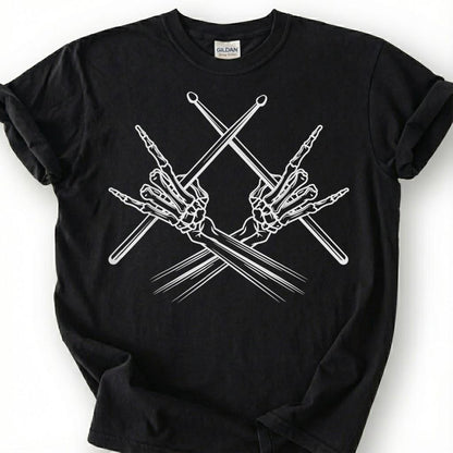 Skeleton Hands Drumsticks Rock Sign Shirt, Skull Drummer Percussion Metal Tee, Gothic Music Lover Gift T-Shirt, Heavy Rock Band Musician Top