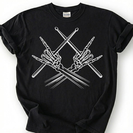 Skeleton Hands Drumsticks Rock Sign Shirt, Skull Drummer Percussion Metal Tee, Gothic Music Lover Gift T-Shirt, Heavy Rock Band Musician Top
