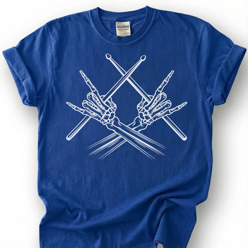 Skeleton Hands Drumsticks Rock Sign Shirt, Skull Drummer Percussion Metal Tee, Gothic Music Lover Gift T-Shirt, Heavy Rock Band Musician Top