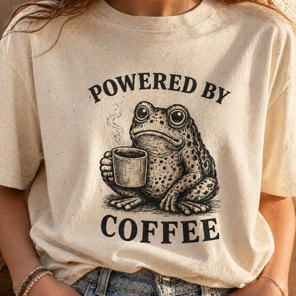 Powered By Coffee Frog T Shirt, Funny Coffee Lover Tee, Cute Frog Shirt, Caffeine Humor Shirt, Vintage Frog Graphic Tee